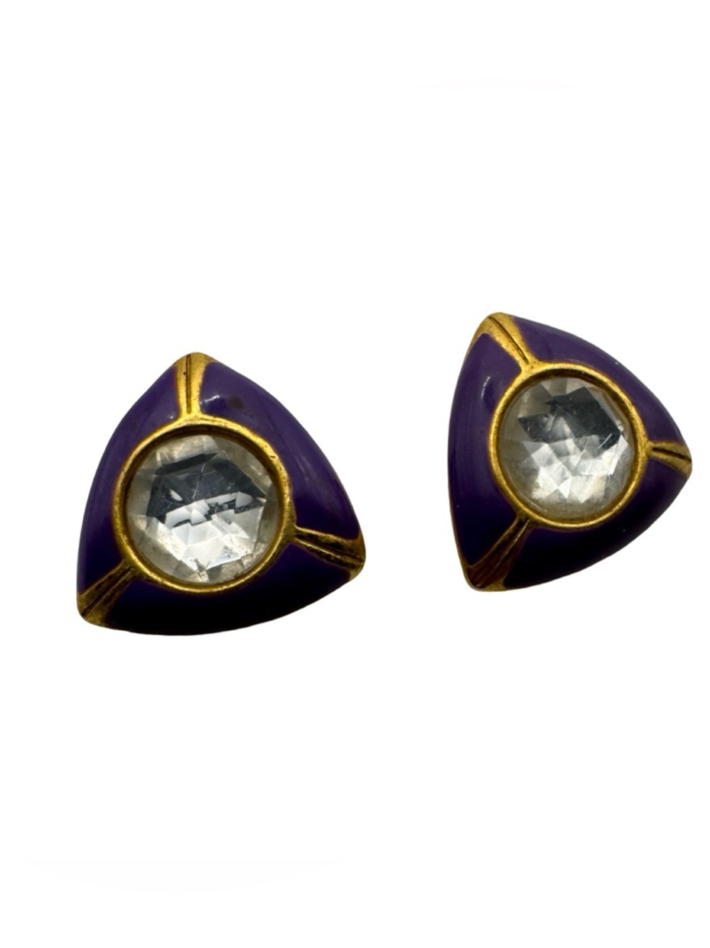 Vintage Purple Enamel Clip On Earrings Gold Tone Faceted Crystal Triangle
